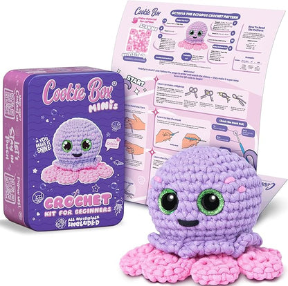 Cookie Box Crochet Kit for Beginners – Gift Set to Make Octopus Octavia Amigurumi Plushie – Easy DIY Crochet & Knitting Starter Kit with Printed Instructions & Step-by-Step Video Tutorial