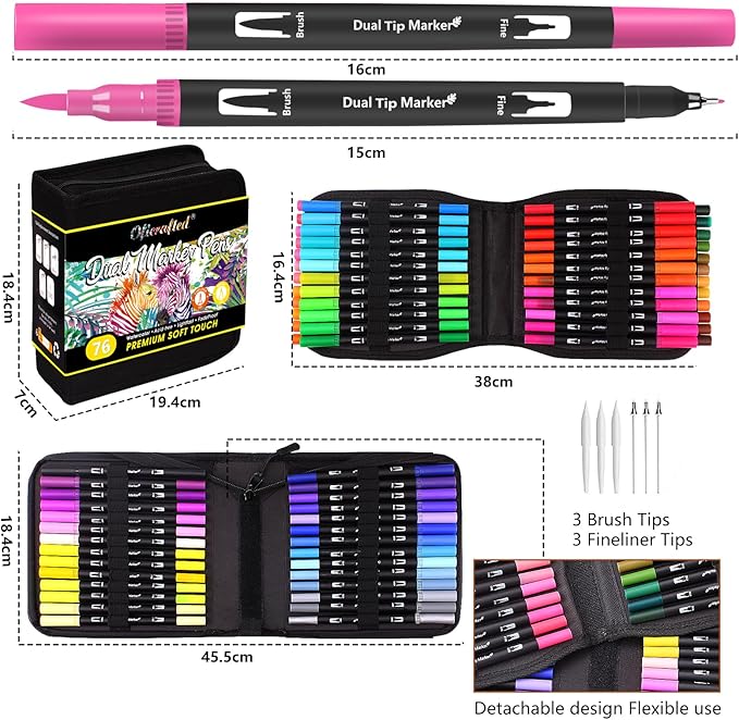 Oficrafted 76 Colors Dual Tip Brush Pens with Brush Tip and Fine Tip for Artists Adult, Coloring Markers for Adult Coloring Books Professional Marker Set for Note Taking and Lettering