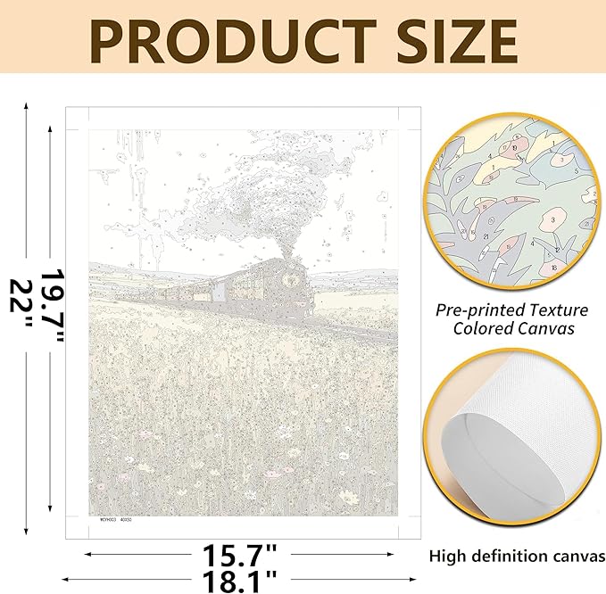 DFPSCLLA Paint by Numbers for Adults, Steam Train in Wildflower Field DIY Paint by Numbers Acrylic Paint Canvas, Painting Kits Art on Canvas for Home Wall Art 16x20 Inch（Without Frame）