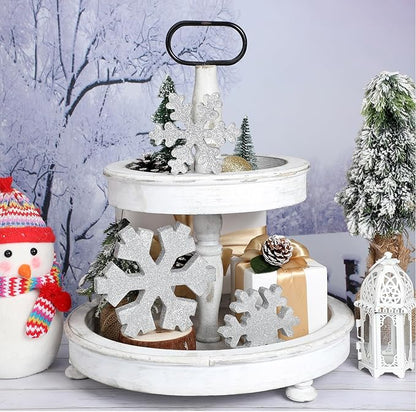 Bucherry 3 Pcs Winter Wooden Snowflake Decor Rustic Winter Snowflake Table Signs Wonderland Wood Blocks Farmhouse Christmas Tiered Tray Decorations for Xmas Table Shelf(Glitter Gray)
