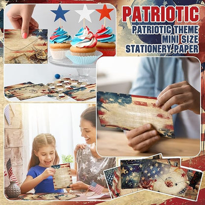 TaoBary 160 Pcs Stationery Paper Set 50 Double Sided Stationery Papers with 50 Matching Envelopes and 60 Round Dot Sticker, 10 Design(Patriotic,8.5 x 11 Inch)