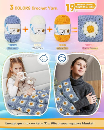 Coopay Crochet Starter Kit - Beginner's Blanket & Granny Squares Pattern, Includes Yarn & Instructions - Easy to Learn for Adults (Blue-Purple)
