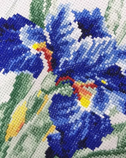 RIOLIS - Blue Irises 2102, Cross Stitch Kits 11¾" x 11¾", Cross Stitch Kits for Adults, Floral Counted Cross Stitch Kits, Embroidery Kit for Beginners & Advanced, Crossstitching Kits