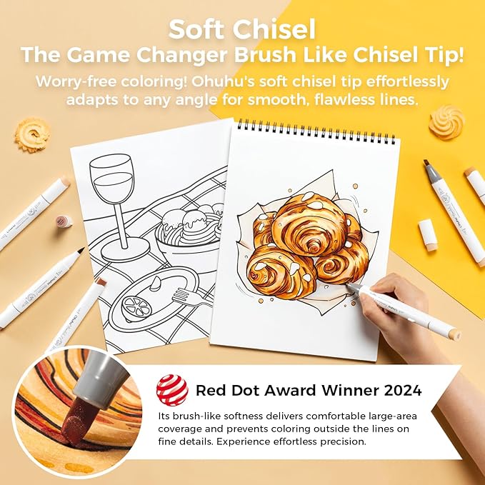 Ohuhu Alcohol Markers: Soft Chisel Red Dot Design Award Winner 24 Skin-color Brush & Soft Chisel Dual Tips Drawing Markers for Artists Beginners Adults Coloring Illustration Sketching - Honolulu S