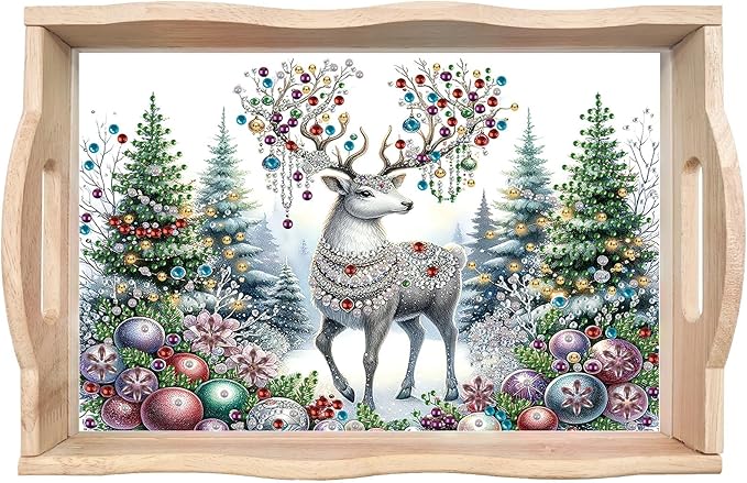 DIY Diamond Art Painting Wooden Tray Kit With Handle, Food Tray for Breakfast, Bar Dinner Table Decoration, Diamond Dots Gem Painting Art Set for Beginners - Christmas Elk2