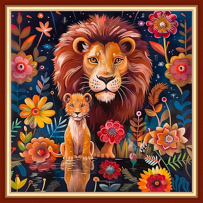Joyhoor Stamped Cross Stitch Kits for Beginners Needlepoint Kits for Adults Embroidery Kits 11CT Counted Cross Stitch Kits Printed Embroidery Pattern-Lion Flower 18x18 inchs