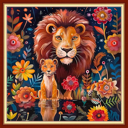 Joyhoor Stamped Cross Stitch Kits for Beginners Needlepoint Kits for Adults Embroidery Kits 11CT Counted Cross Stitch Kits Printed Embroidery Pattern-Lion Flower 18x18 inchs