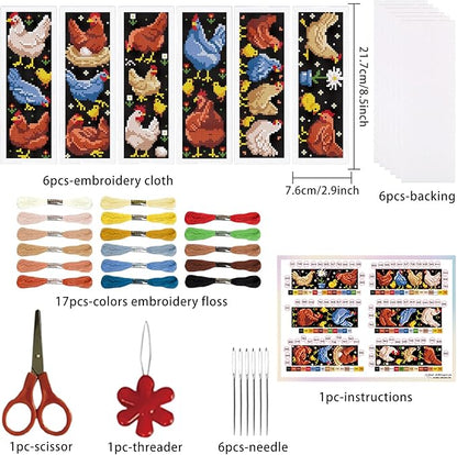 ORIGACH 6 Set Chicken Cross Stitch Bookmark Kit for Beginner with Backing Felt Floss Instructions DIY Stamped Embroidery Bookmark Kit for Adults, Book Lovers