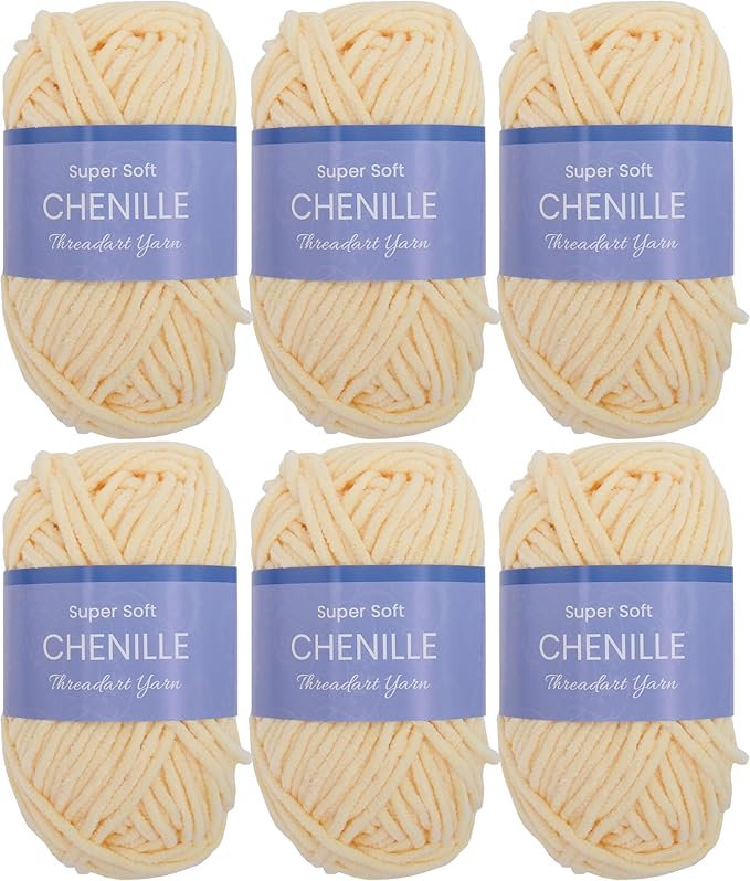 ThreadArt 6 Pack Super Soft Chenille Yarn - 50 Gram 60 yds #5 Fluffy Yarn Skeins - Light Yellow