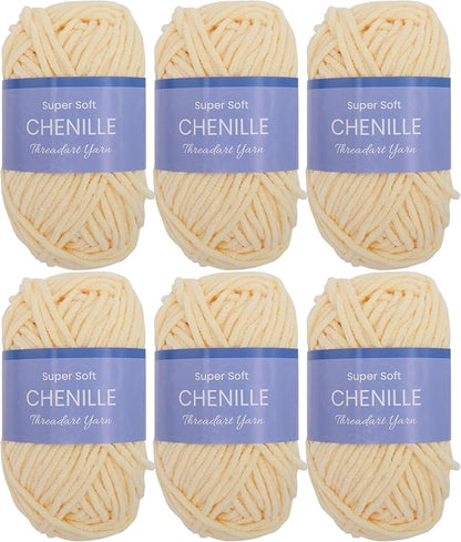 ThreadArt 6 Pack Super Soft Chenille Yarn - 50 Gram 60 yds #5 Fluffy Yarn Skeins - Light Yellow