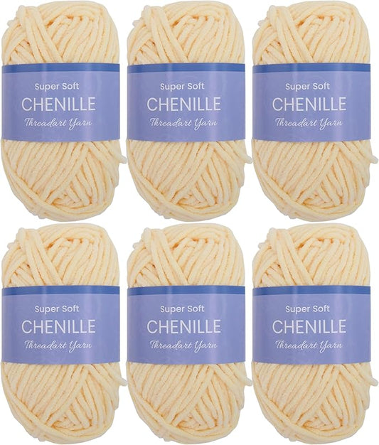 ThreadArt 6 Pack Super Soft Chenille Yarn - 50 Gram 60 yds #5 Fluffy Yarn Skeins - Light Yellow