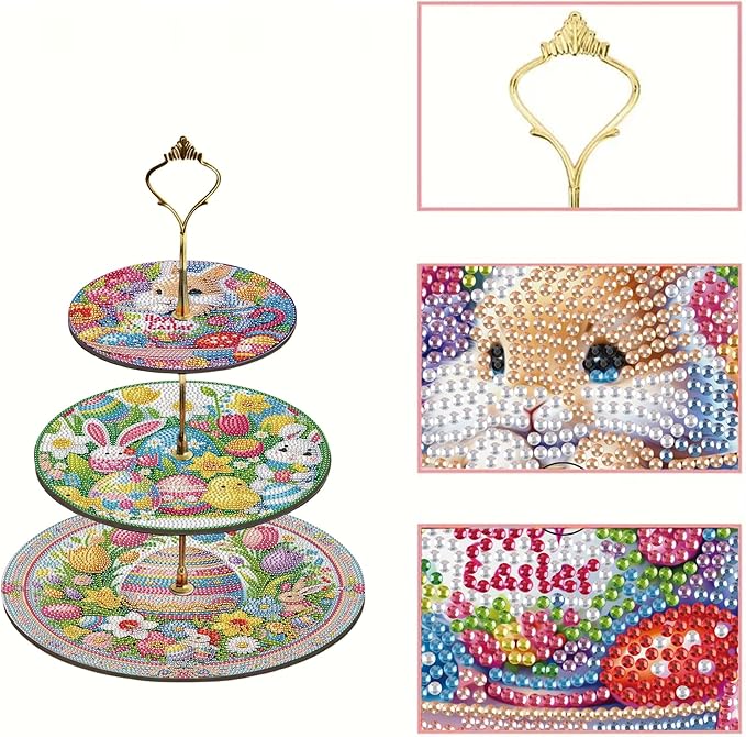 Three-Tier Diamond Painting Wooden Cake Stand DIY Sunflower Diamond Painting Cupcake Towel-Lined Tiered Tray Reusable Pastry Stand (Easter)