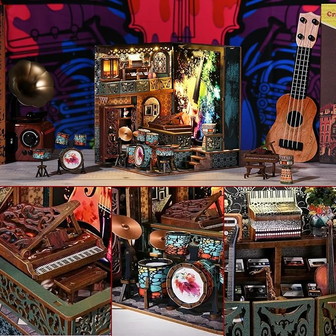 Foyucool DIY Book Nook Kit, Miniature Bookshelf Decor with LED Lights, Laser-Cut Wooden Craft Set for Adults, Creative Gift for Christmas, Birthday, Music House