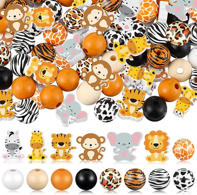 200 Pcs Cute Jungle Animals Wood Beads with Cow Leopard Tiger Giraffe Print Pattern Spacer Loose Beads for Room Party Decor Indoor Tiered Tray Wall Hanging Ornament
