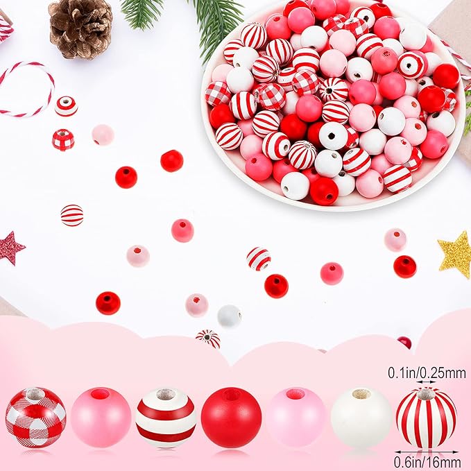200 Pieces Wooden Beads Buffalo Plaid Red White Stripe 16 mm Colorful Wood Spacer Rustic Farmhouse Wooden Beads for DIY Crafts Garland Home Decor (Vivid Style)