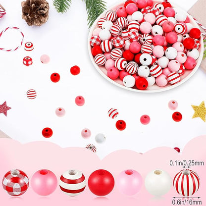200 Pieces Wooden Beads Buffalo Plaid Red White Stripe 16 mm Colorful Wood Spacer Rustic Farmhouse Wooden Beads for DIY Crafts Garland Home Decor (Vivid Style)