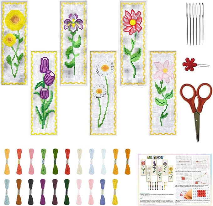 FREEBLOSS 6 Set Cross Stitch Bookmark Kit - Vivid Flowers Designed Stamped Embroidery Bookmark with Instruction - Cross Stitch Kits for Adults - 8''x2.4''
