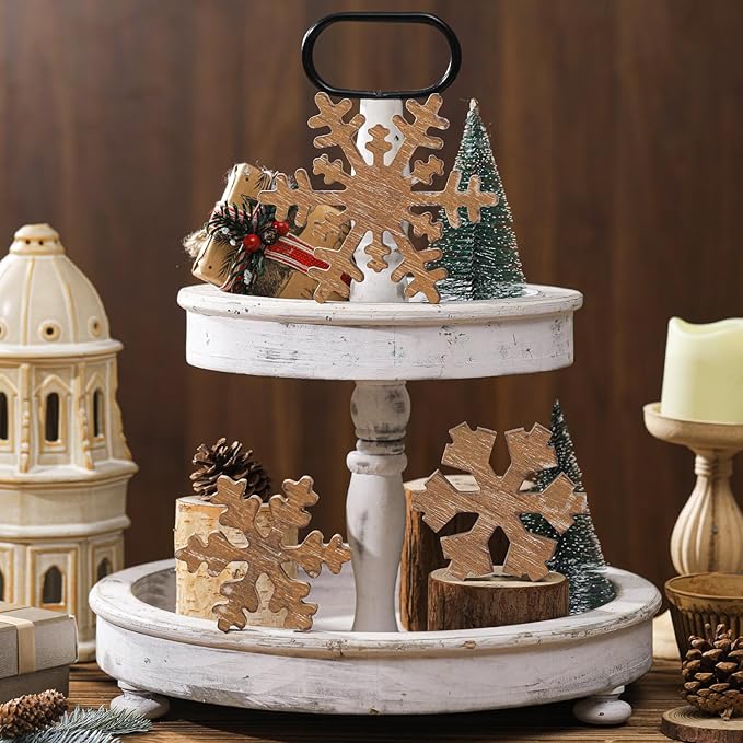 Bucherry 3 Pcs Winter Wooden Snowflake Decor Rustic Winter Snowflake Table Signs Wonderland Wood Blocks Farmhouse Christmas Tiered Tray Decorations for Xmas Table Shelf(Wood Colors)