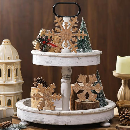 Bucherry 3 Pcs Winter Wooden Snowflake Decor Rustic Winter Snowflake Table Signs Wonderland Wood Blocks Farmhouse Christmas Tiered Tray Decorations for Xmas Table Shelf(Wood Colors)