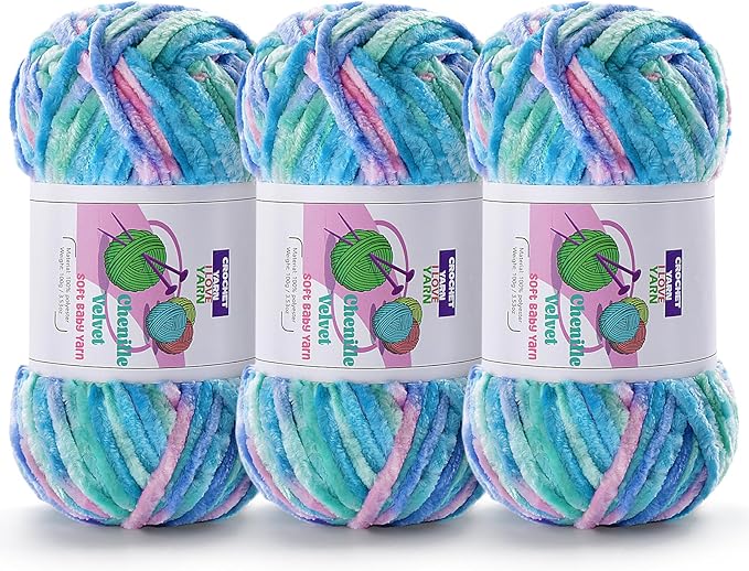 3 Skeins Velvet Chunky Yarn, Chenille Yarn for Crocheting and Hand Knitting, Blanket Yarns for Making Scarves and Knitting Projects - Amigurumi Crochet Yarn (3×3.5oz, 3×87.5yds)