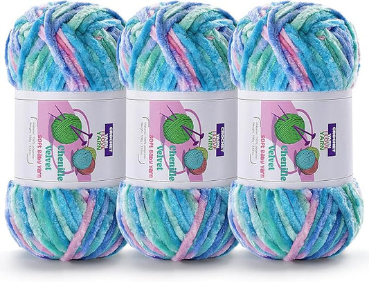 3 Skeins Velvet Chunky Yarn, Chenille Yarn for Crocheting and Hand Knitting, Blanket Yarns for Making Scarves and Knitting Projects - Amigurumi Crochet Yarn (3×3.5oz, 3×87.5yds)
