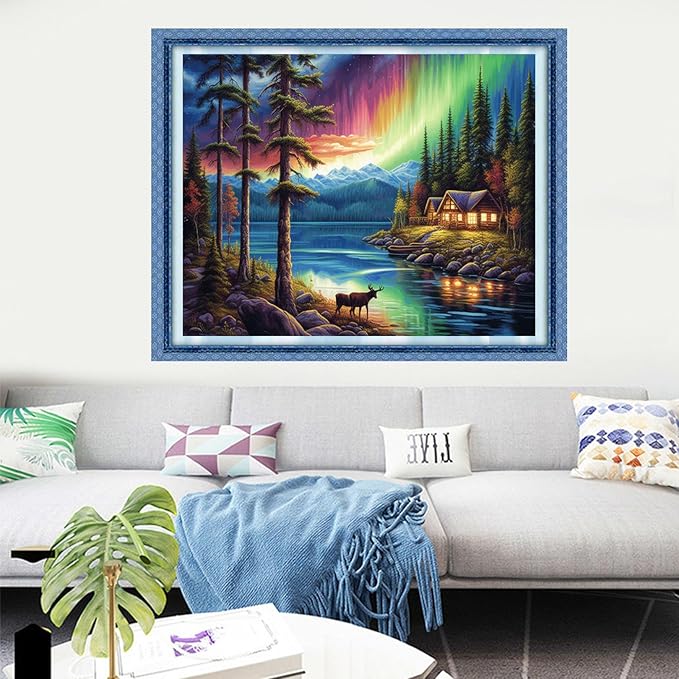 Dooxvey Cross Stitch Kits for Adults Stamped Full Range of Embroidery Starter Kits for Beginners 11CT Printed Cross Stitch Patterns Needlepoint Kits Stamped Crossstitching-Aurora by Lake 16x20 inch