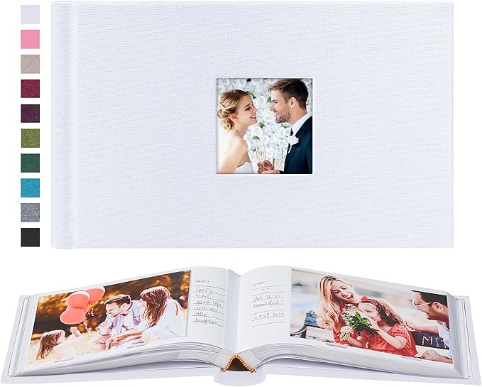 Mublalbum Small 4x6 Photo Album Linen Cover with Memo Areas Photobook Pictures Book Holds Horizontal Pockets for Wedding Family Baby and Vacation (White)