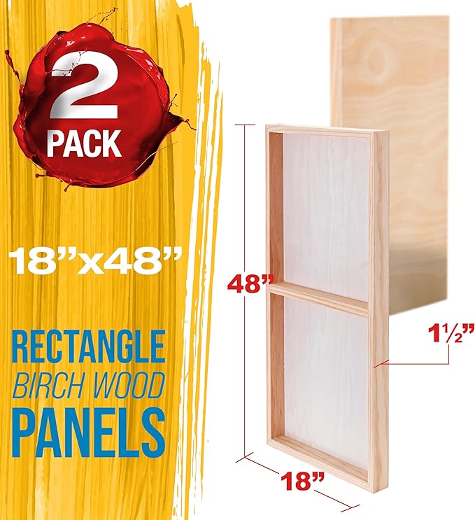 U.S. Art Supply 18" x 48" Unfinished Cradled Wood Panels for Painting, Gallery 1-1/2" Deep (2 Pack) - Artist Depth Wooden Wall Canvases - Mixed-Media Craft, Acrylic, Oil, Encaustic, Paint Pouring
