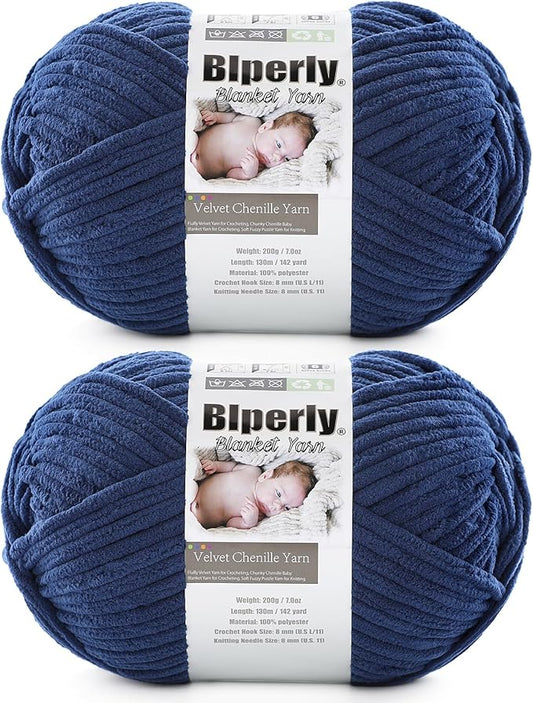 6 Super Bulky Velvet Chenille Yarn for Crocheting - 2 Skein of 200g/7 oz - Ultra Soft Heavy Weight Chunky Knitting Yarn for Baby Blankets, Amigurumi, Home Decor（Dark Blue，2 Skein）