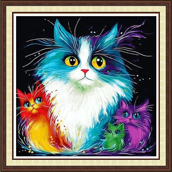 Joycasa Stamped Cross Stitch Kits for Beginners Full Range of Cross Stitching 11 CT Printed Cross Stitch Kit for Adults Cross-Stitch Patterns Needlepoint Kits-Colorful Cat 18x18 inchs
