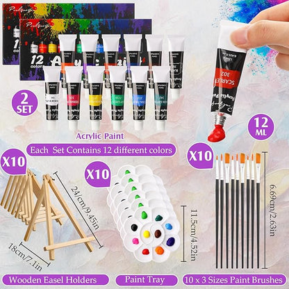 Ctosree 72 Pcs Colorful Sky Paint and Sip Kit for Adults 8'' x 10'' Pre Drawn Canvas for Painting DIY Pre Printed Canvas for Party Favor Afro Acrylic Painting Kit Wood Easel Brushes Date Night Bulk