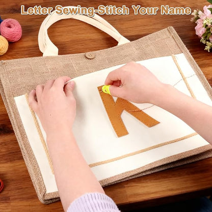 DIY Personalized Canvas Tote Bag with Embroidery Kit, Sturdy Jute Craft Bag with Front Pocket & Water-Resistant Lining, Customizable Gift Tote for Women, Everyday Use, Beach, Work, Groceries (J)
