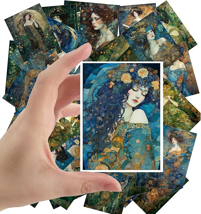 Large Stickers (24 pcs 2.5"x3.5" Each) Calming Beautiful Art Nouveau Portraits of Ladies with Blue and Green Flowers Vintage Postcards Retro Greeting Card Book Illustration Reprint