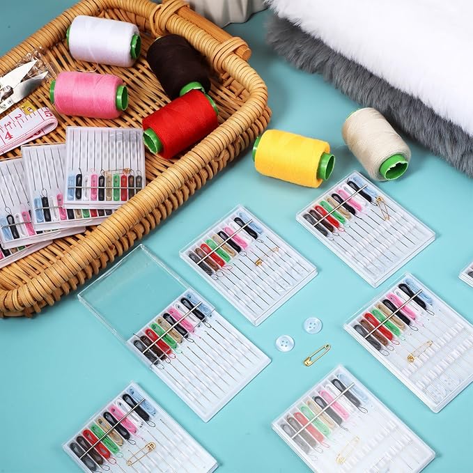 MTLEE 8 Boxes 80 Pieces Mini Quick Fix Sewing Kit Easy Pre Threaded Needle Basic Personal Kit Plastic Threaded Needle Holder Small Home Travel Sewing Box with Pin Button, Assorted Colors