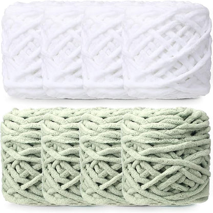 Buryeah 8 Pack Chunky Chenille Yarn for Crocheting Soft Thick Fluffy Yarn for Hand Knitting Bulky Velvet Blanket Plush for Weaving DIY Crafts Each 3.5 oz 55 Yards (White,Green)