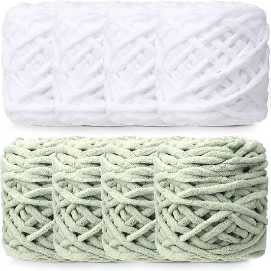 Buryeah 8 Pack Chunky Chenille Yarn for Crocheting Soft Thick Fluffy Yarn for Hand Knitting Bulky Velvet Blanket Plush for Weaving DIY Crafts Each 3.5 oz 55 Yards (White,Green)