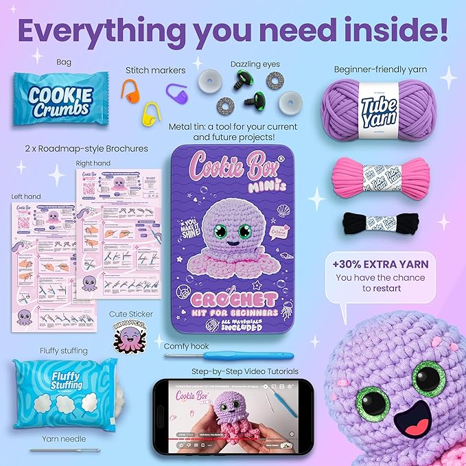 Cookie Box Crochet Kit for Beginners – Gift Set to Make Octopus Octavia Amigurumi Plushie – Easy DIY Crochet & Knitting Starter Kit with Printed Instructions & Step-by-Step Video Tutorial