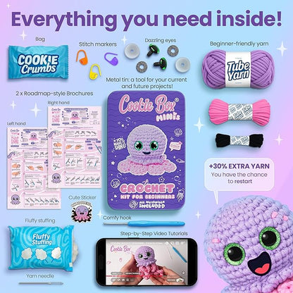 Cookie Box Crochet Kit for Beginners – Gift Set to Make Octopus Octavia Amigurumi Plushie – Easy DIY Crochet & Knitting Starter Kit with Printed Instructions & Step-by-Step Video Tutorial