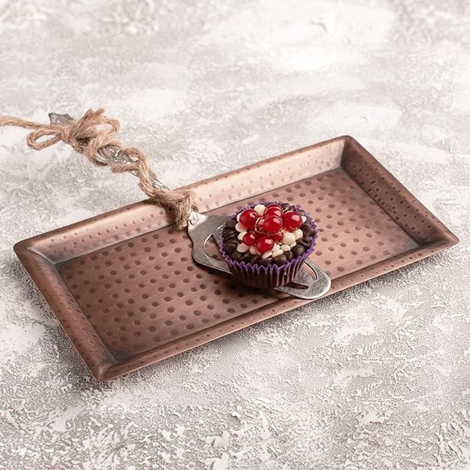 Monarch Abode Decorative Tray – 12-Inch Hand Hammered Antique Copper Metal Bathroom Tray Countertop Vanity Trays Organizer, Perfume Plate for Dresser, Kitchen Countertop Small Fruit Platter, Pack of 2