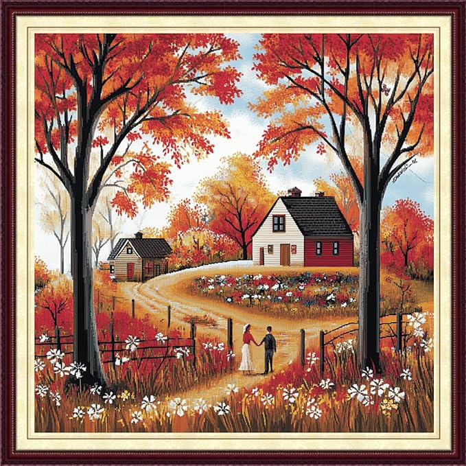 DMCCRAFT Stamped Cross Stitch Kits for Adults 11CT Printed Cross-Stitch Patterns Embroidery Kits Easy Cross Stitching Needlepoint Kits&Autumn Scenery 18x18 inch