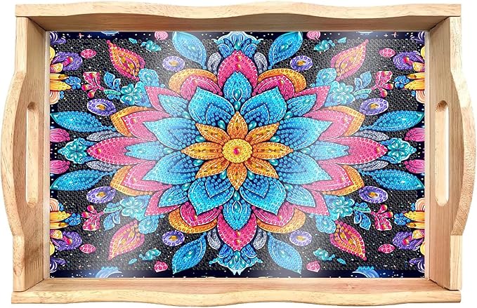 DOTSOPS 5D Diamond Painting Wooden Serving Tray with Handle for Adults DIY Diamond Art Kits for Beginners Full Drill Diamond Dots Gem Arts and Crafts Special Shape 7.8x11.8 Inches Mandala