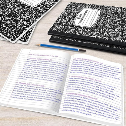 Rosmonde 12 Pack Composition Notebook Wide Ruled Bulk, 200 Pages (100 Sheets), 9-3/4 x 7-1/2", Hard Cover Wide Ruled Notebook Bulk, Black Marble Composition Notebooks, Bulk School Notebooks
