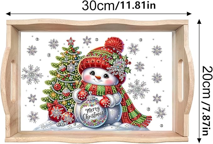 DIY Diamond Art Painting Wooden Tray Kit With Handle, Food Tray for Breakfast, Bar Dinner Table Decoration, Diamond Dots Gem Painting Art Set for Beginners-Snowman2