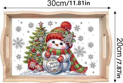 DIY Diamond Art Painting Wooden Tray Kit With Handle, Food Tray for Breakfast, Bar Dinner Table Decoration, Diamond Dots Gem Painting Art Set for Beginners-Snowman2