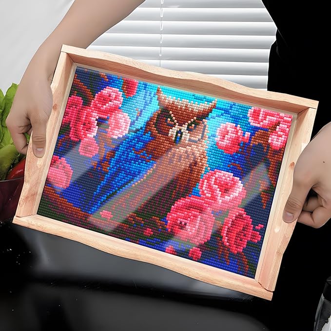 FGbaby DIY 5D Flowers Owl Diamond Painting Wood Serving Tray with Handles Diamond Art Decorative Serving Trays Wooden Tray for Breakfast in Bed, Patio, BBQ, Coffee Table, Party –Great for Lap & Couch