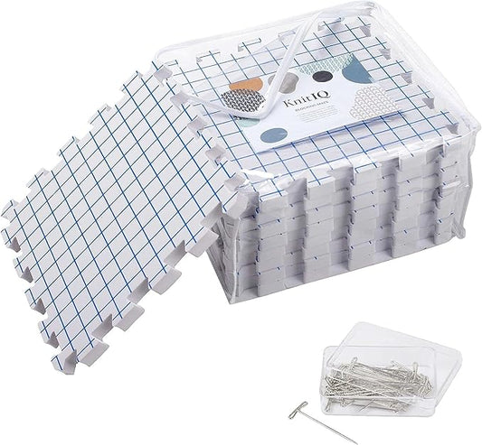 Blocking Mats for Knitting - KnitIQ Extra Thick Blocking Boards for Crochet Projects with Gridlines - 100 T-Pins and Storage Bag Included for Knitting Supplies - Standard Mat Set - Pack of 9