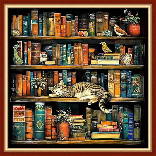 Fanxvivy Stamped Cross Stitch Kits for Beginners Full Range of Cross Stitching Preprinted Embroidery Kits for Adults, 11CT Embroidery Pattern Needlepoint Kits-Cat Sleeping in Bookshelf 18x18 inch
