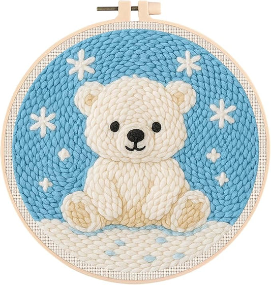 yesJRL Cute Bear Design Punch Needle Kit Adults Beginners, DIY Easy Embroidery Set for Starter Art Craft, Needling Punching Project with Tools, Yarns, Hoop, Instruction