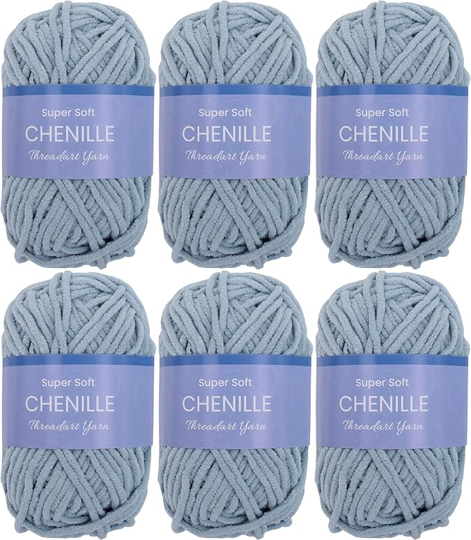 Threadart 6 Pack Super Soft Chenille Yarn - Bulky Yarn, Polyester, 50g/60yds, Dusty Blue