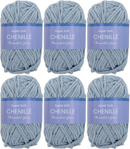 Threadart 6 Pack Super Soft Chenille Yarn - Bulky Yarn, Polyester, 50g/60yds, Dusty Blue